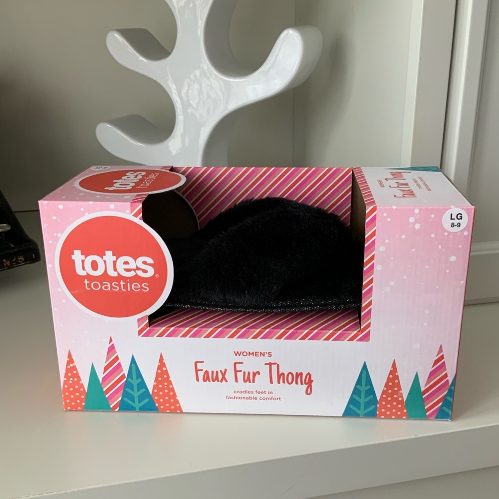 TOTES TOASTIES Faux Fur Slippers Women’s Black NEW SZ 8-9